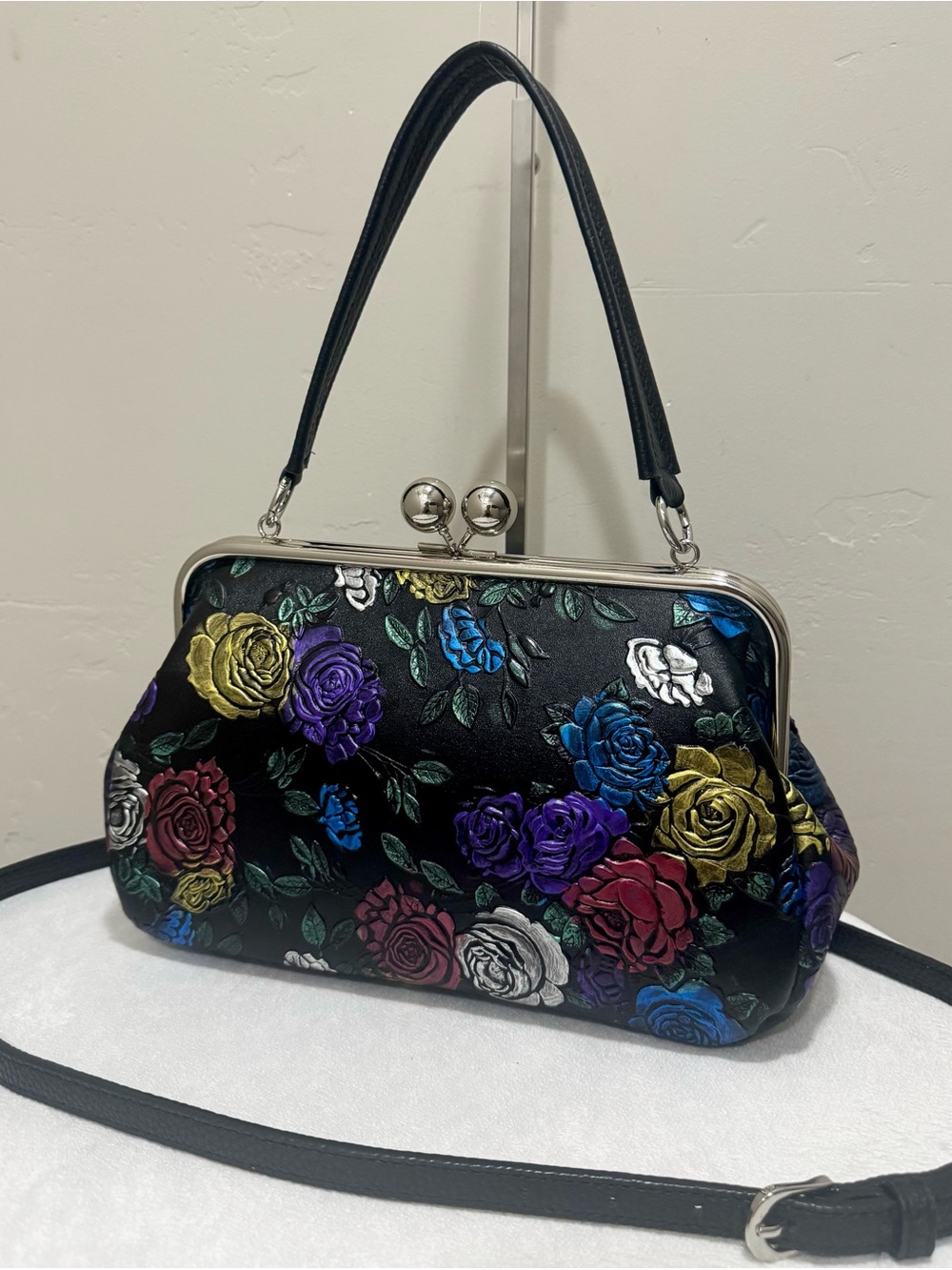 Colorful Rose Embossed Leather Handmade 
Kisslock Frame Bag, Multi Use Style